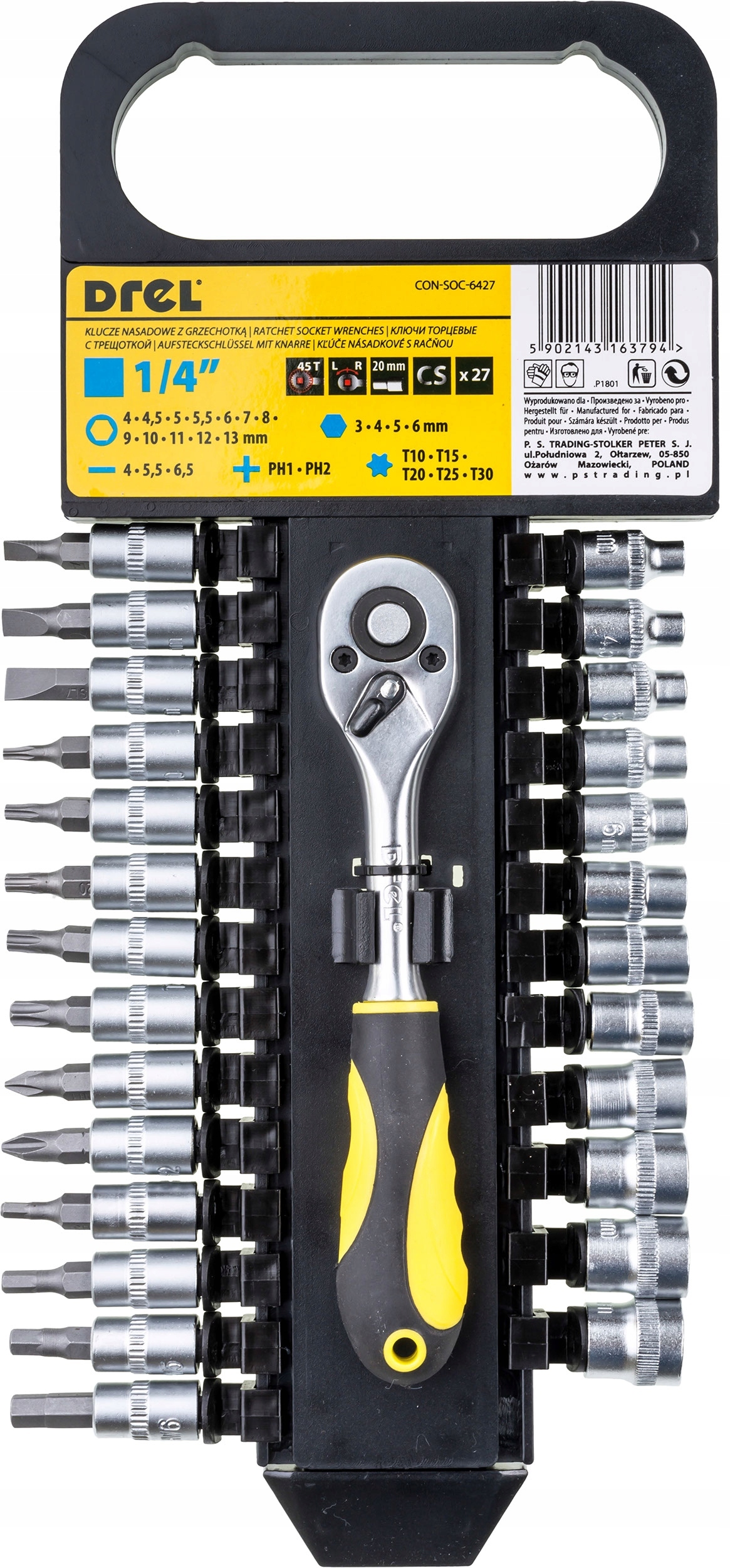 Zestaw kluczy nasadowych z grzechotką 1/4”, 27 elementów